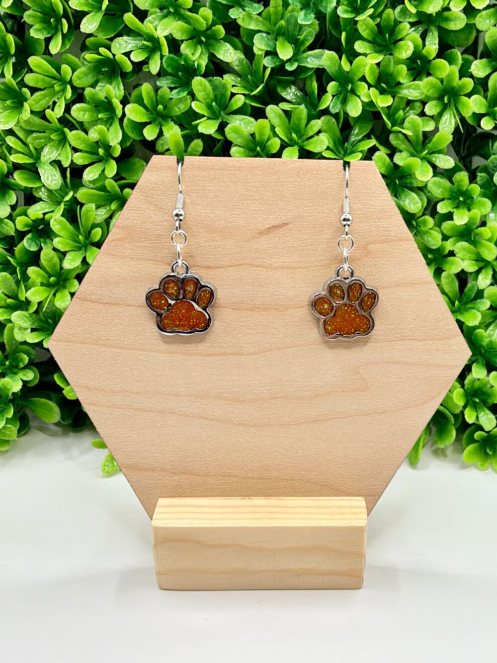 Glitter Orange Paw Print Earrings